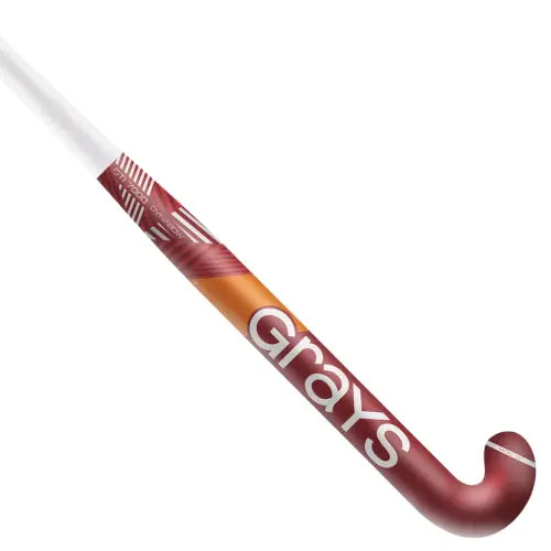 Red and white hockey stick with 'Grays' branding on a white background